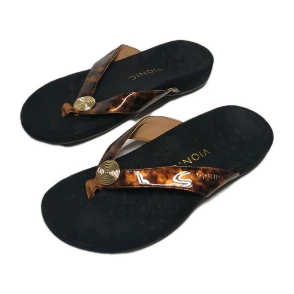 Vionic Sandals Hilda Tortoise Women 7 Toe Post Flat Flip Flop Microfiber Footbed - Picture 1 of 12
